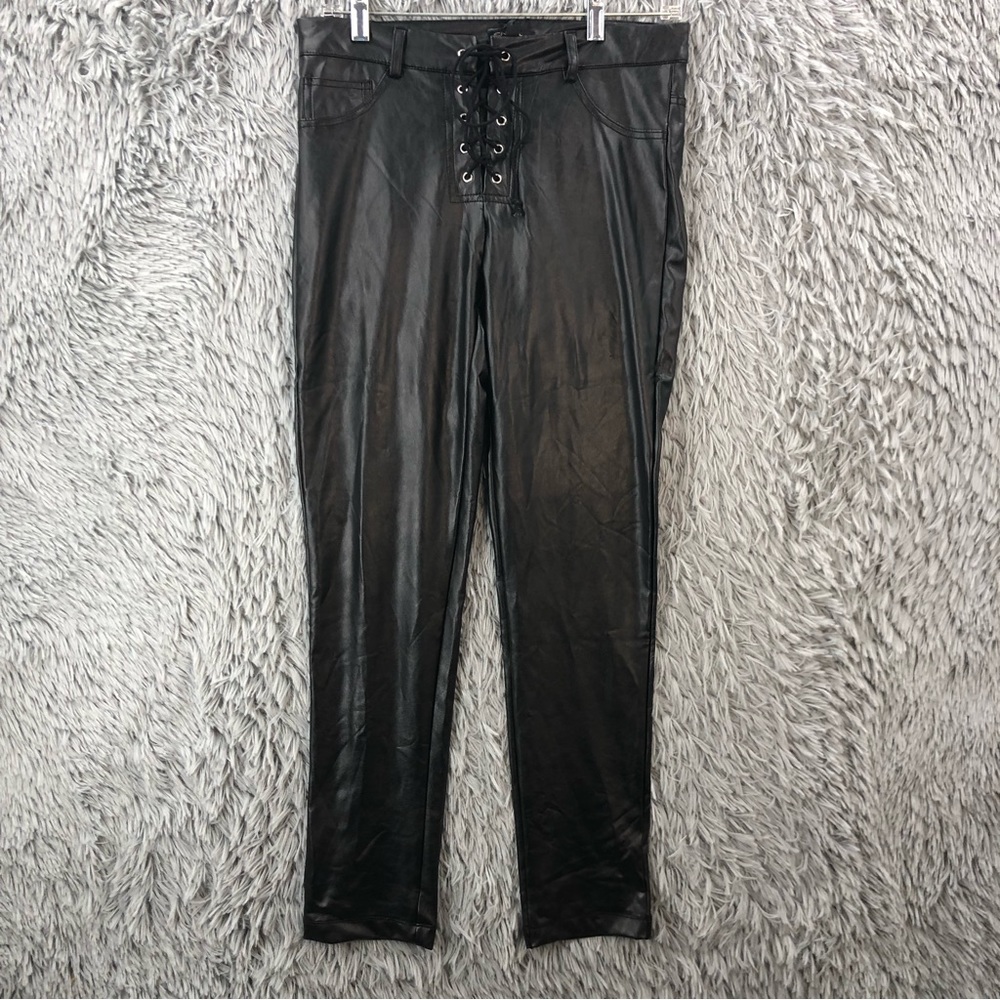 Shinestar Pants Womens Medium NWT Faux Leather Shoelace Tie Front Waist Skinny